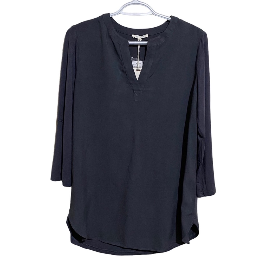 Pleione Split Neck Roll Tab Sleeve Blouse Grey Ebony Women Size S